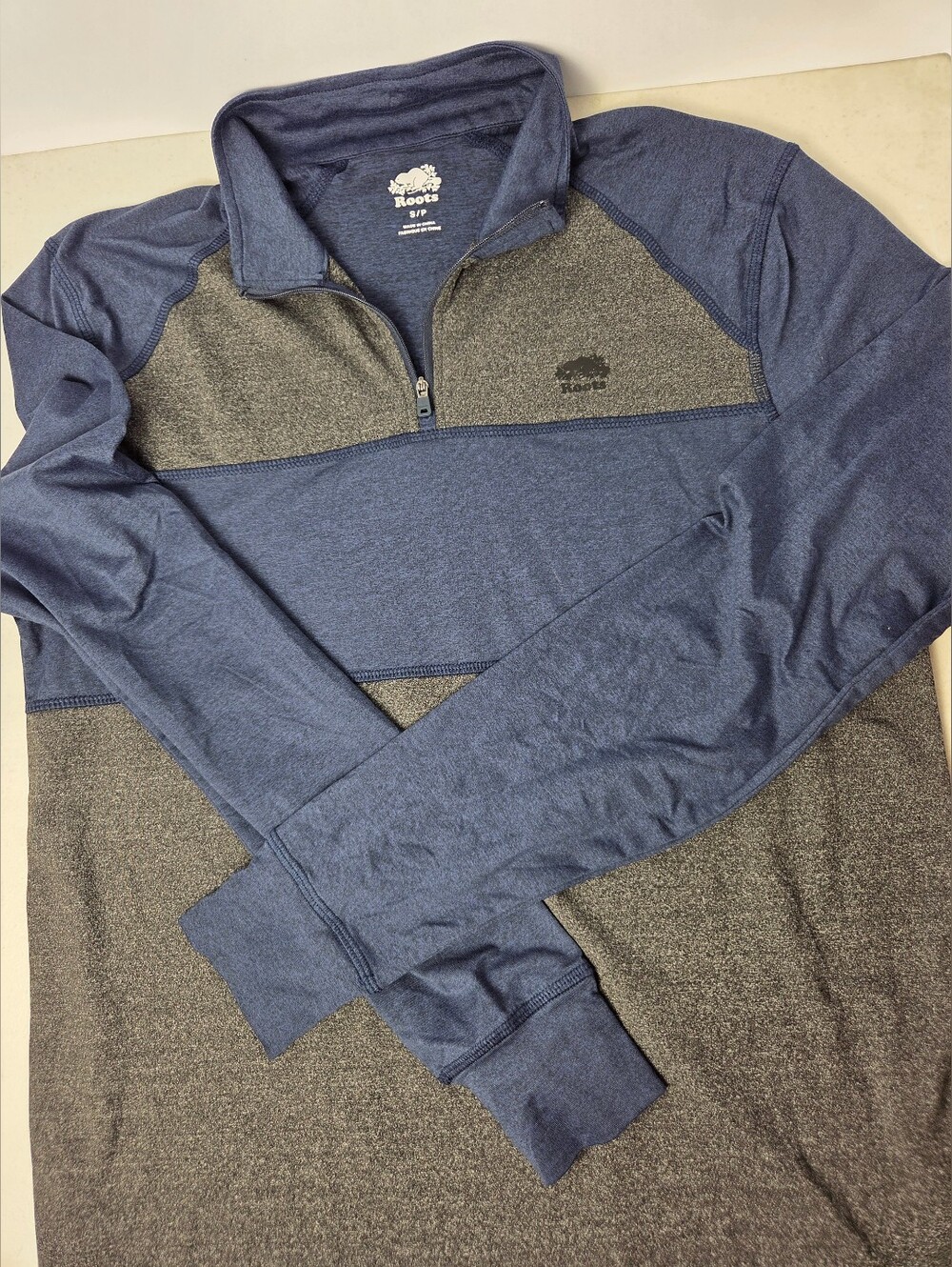 Roots Canada Men's Colorblock 1/4 Zip Pullover Blue Gray Heather Size Small